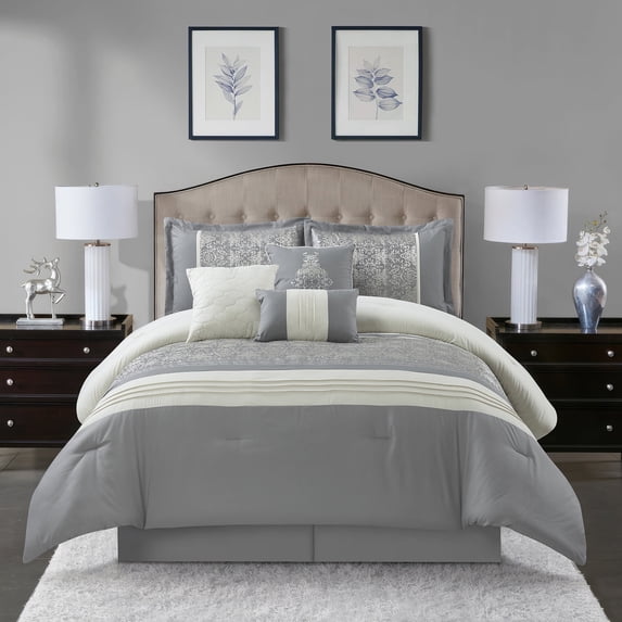 Nanshing Marley 7 Piece Damask Comforter Set , Grey , California King Size , Jacquard with matching solid piece work