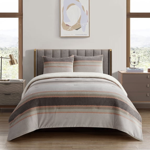 Nanshing Mason 3 Piece Striped Sherpa Comforter Set, Grey, King