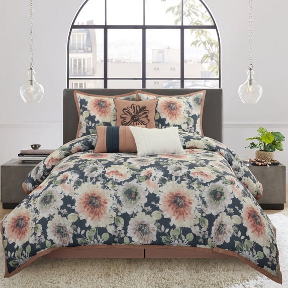 Nanshing Millie 7 Piece Floral Shabby Chic Comforter Set, Queen, Navy/Blush