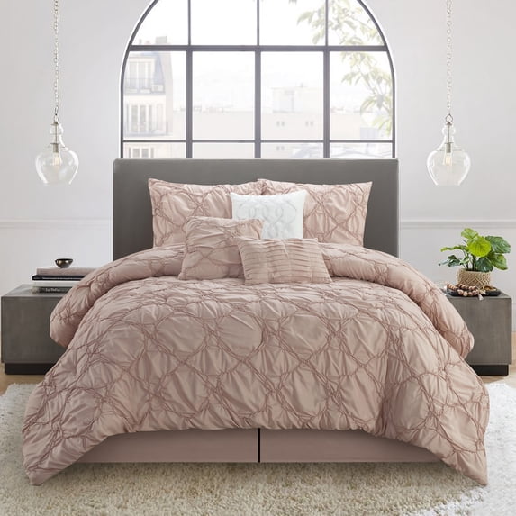 Nanshing Minny Puckered Pintuck 7-Piece Comforter Set, King, Blush