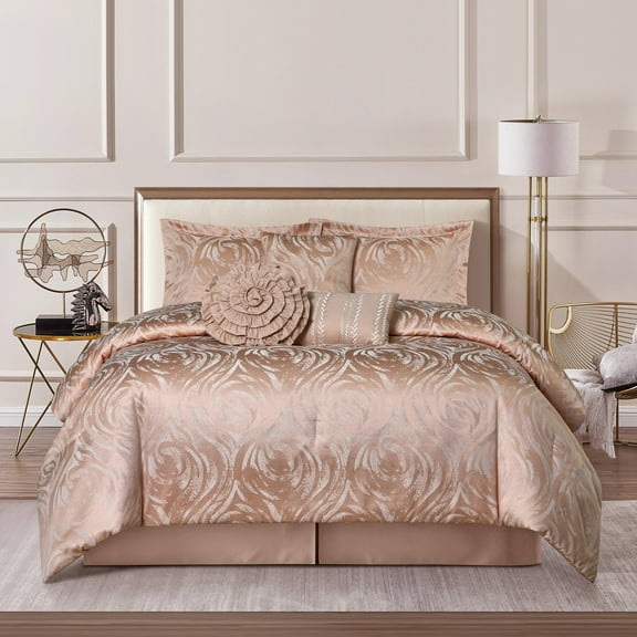 Nanshing Missy 7 Piece Luxury Glam Floral Comforter Set, Blush, California King