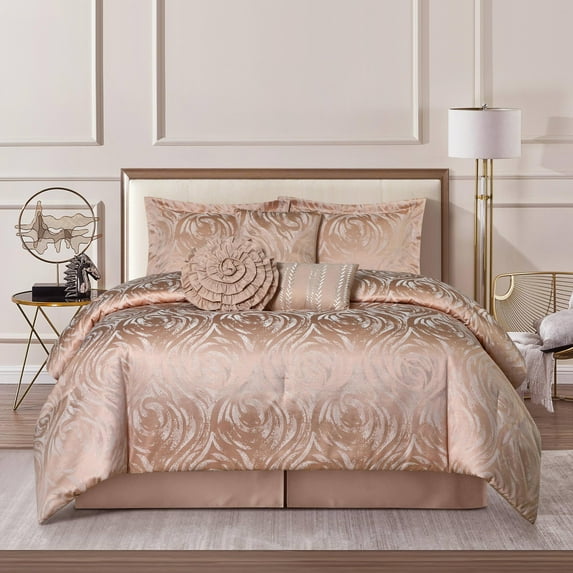 Nanshing Missy 7 Piece Luxury Glam Floral Comforter Set, Blush, California King