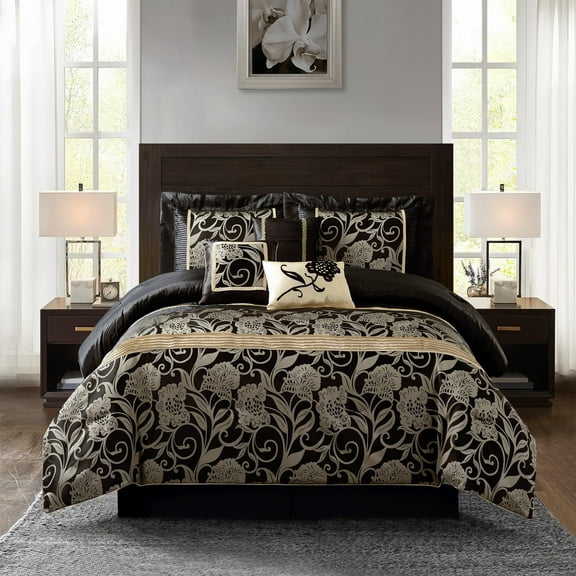 Nanshing Mollybee 7 Piece Luxury Floral Comforter Set, Black, Full