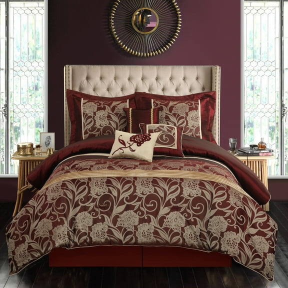 Nanshing Mollybee 7 Piece Traditional Floral Comforter Set, Red Gold, King