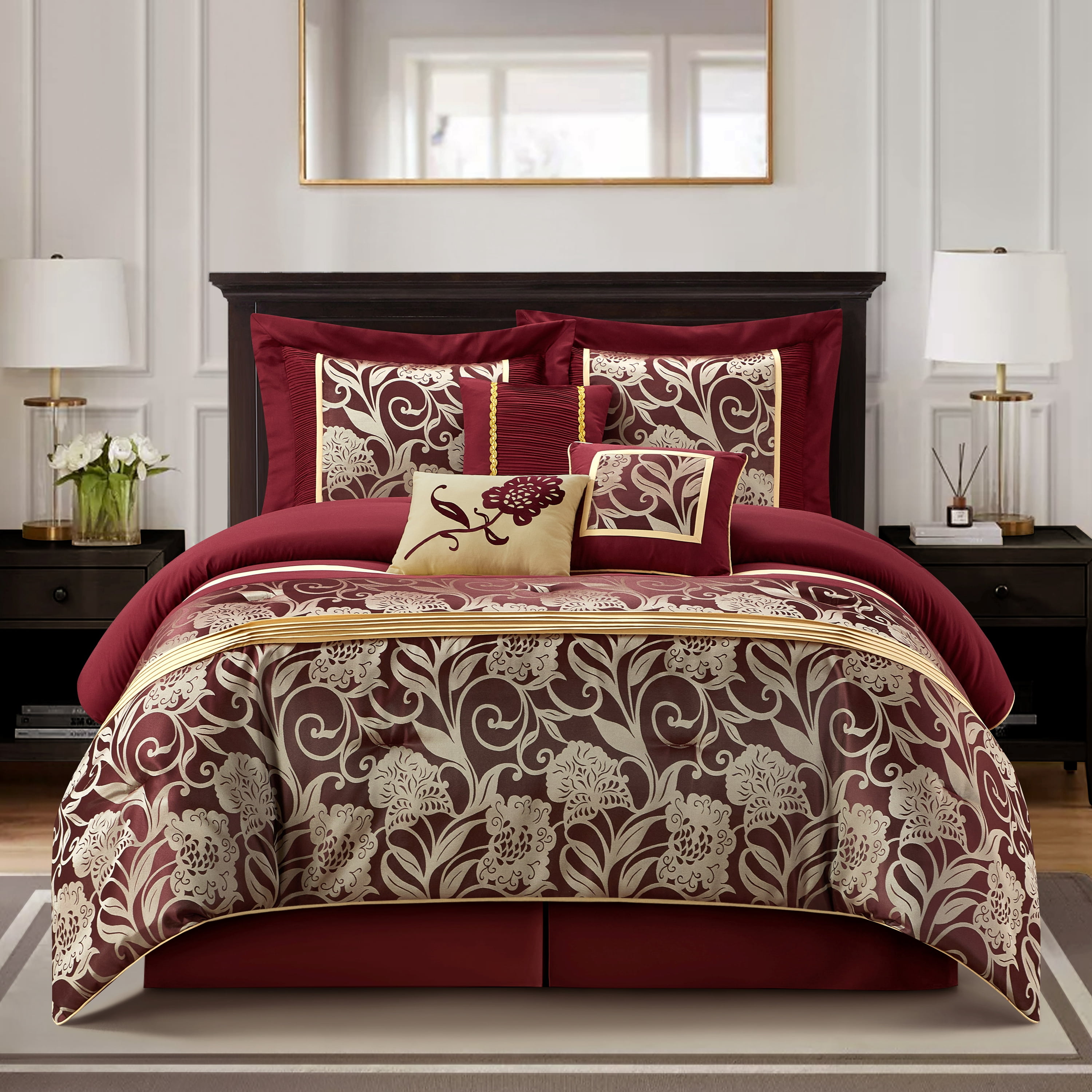 Nanshing Mollybee 7 Piece Traditional Floral Comforter Set, Red Gold ...