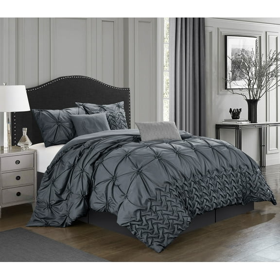 Nanshing Morgan 7 Piece Pinch Pleat Comforter Set, Grey, Queen
