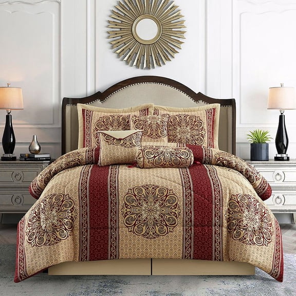 Nanshing Myhand 7-Piece - Gold and Wine Medallion Queen Comforter Bedding Set