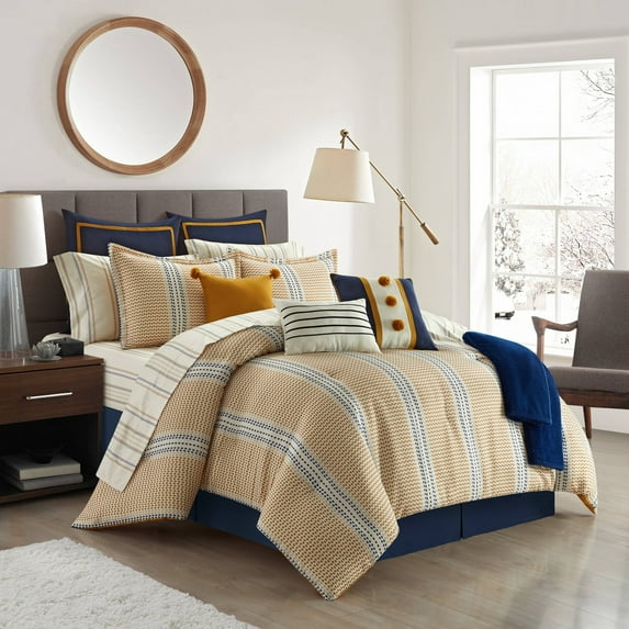 Nanshing Nelda 14 Piece Striped Faux Linen Comforter Set, King