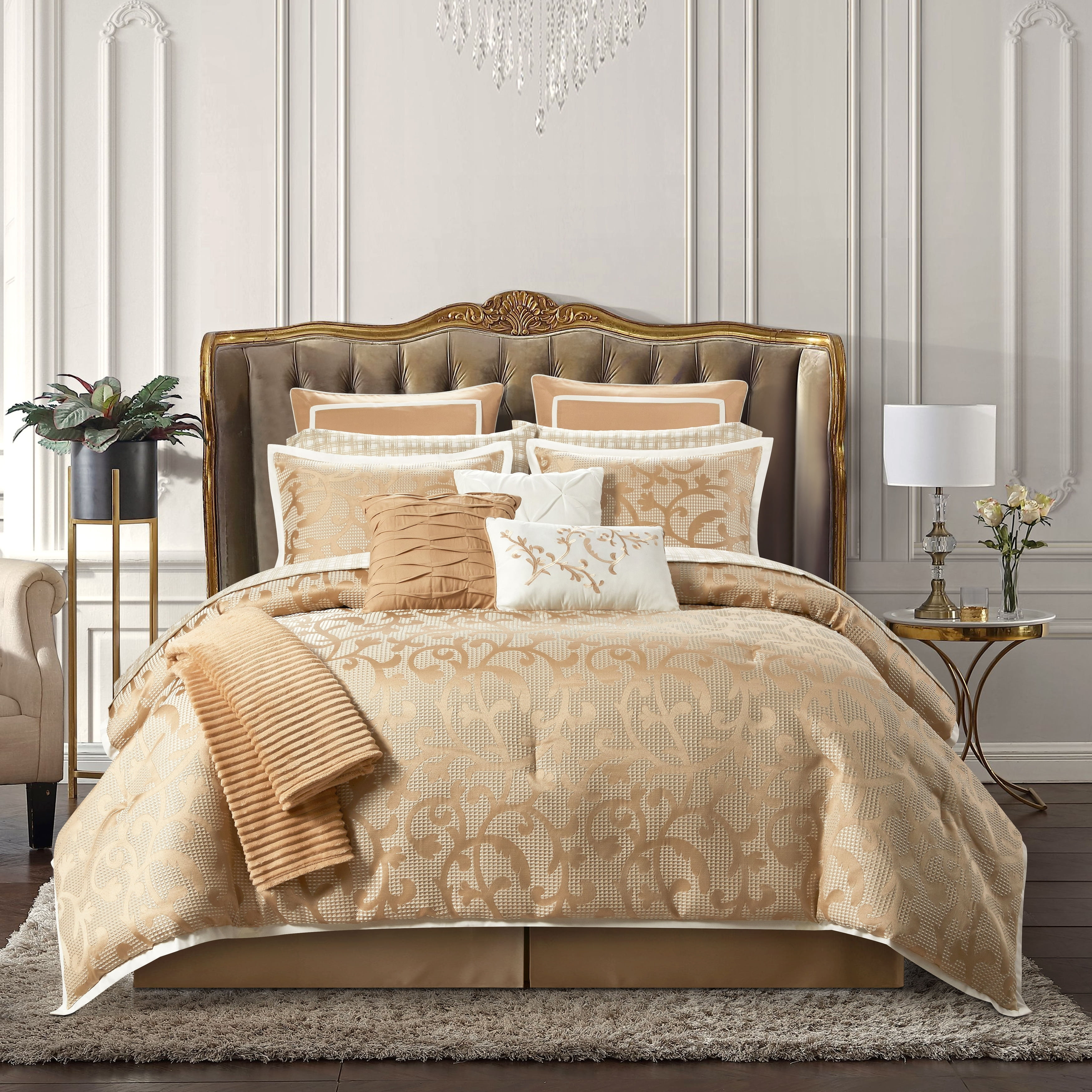 Taupe Jacquard King Microfiber Comforter Set, 14 Pieces