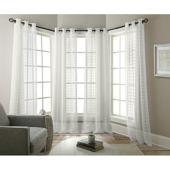 Nanshing Olly Sheer Grommet Top Pom Pom Window Curtain Panels Set of 4, White, 37" x 84"