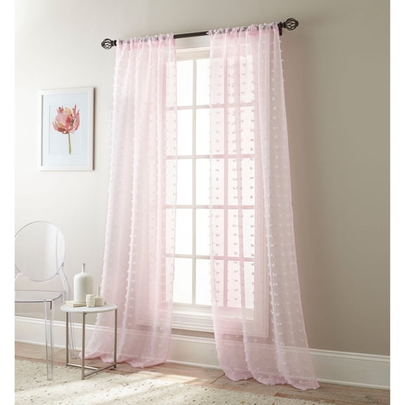 Nanshing Olly Sheer Rod Pocket Pom Pom Window Curtain Panels, Set of 2, Blush, 37" x 84"