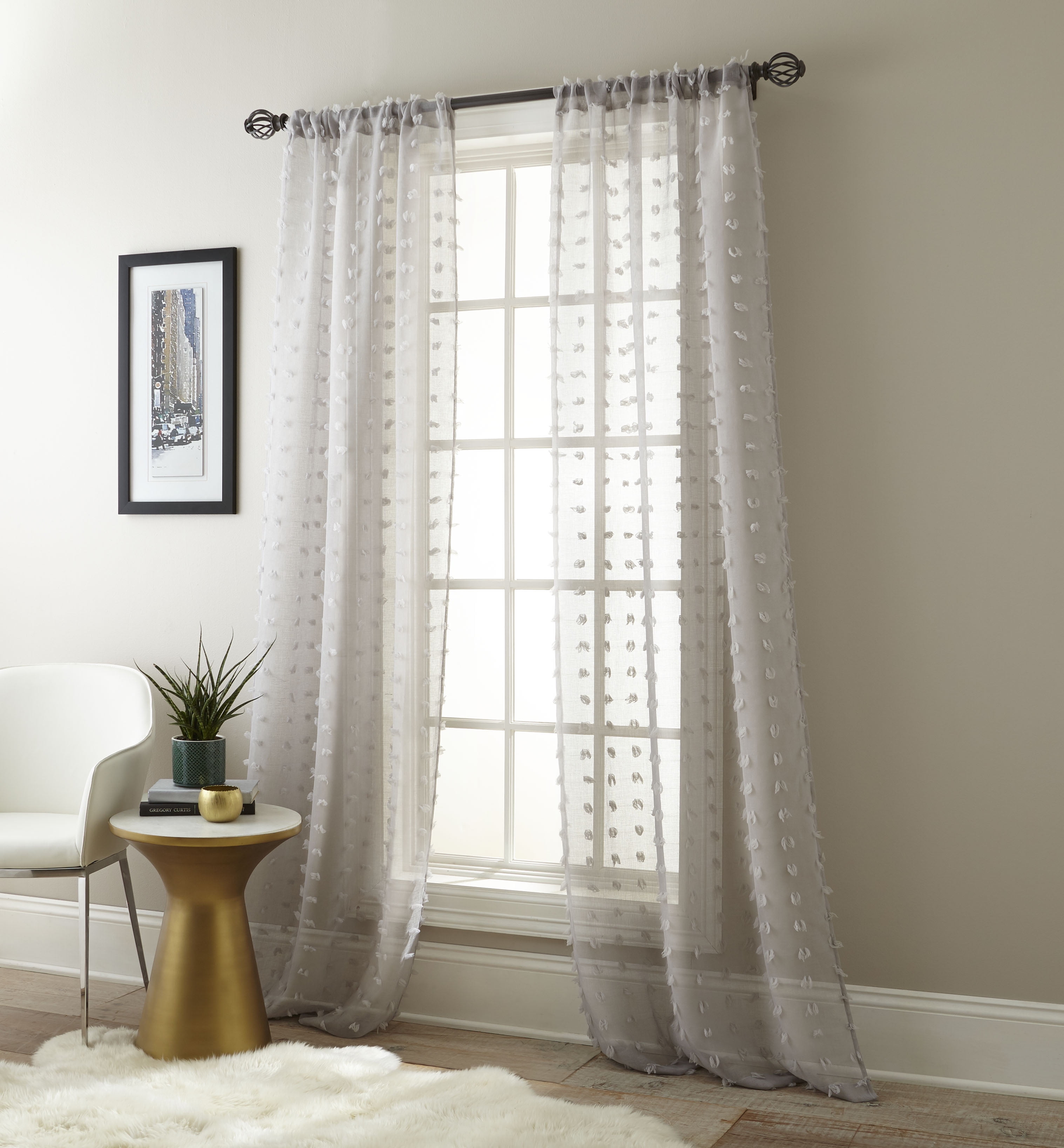Gray Sheer Polyester Pom Pom Window Curtain Panels, 37" x 84"