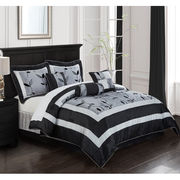 Nanshing Pastora 7 Piece Luxury Glam Leaves Print, Silver, Queen