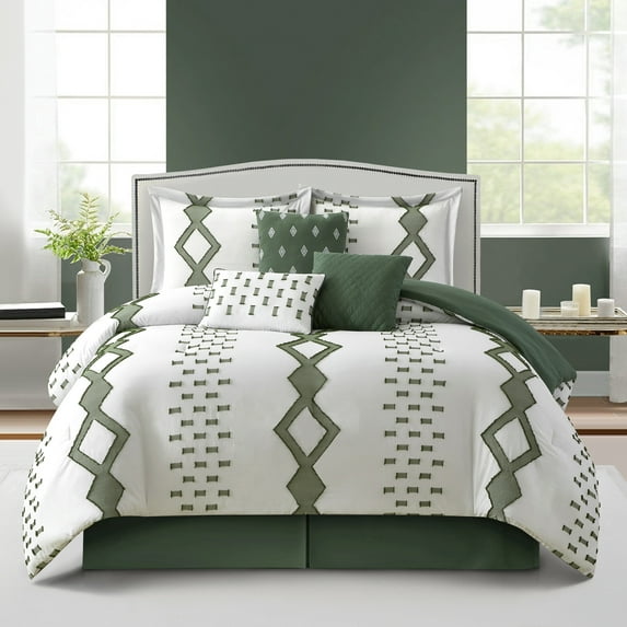 Nanshing Philippa 7 Piece Comforter Set, White Green, California King