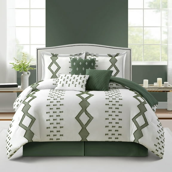 Nanshing Philippa 7 Piece Comforter Set, White Green, Queen