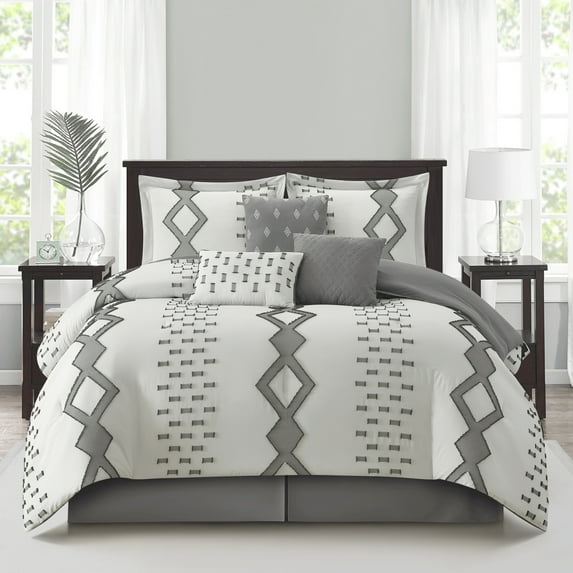 Nanshing Philippa 7 Piece Comforter Set, White Grey, Queen