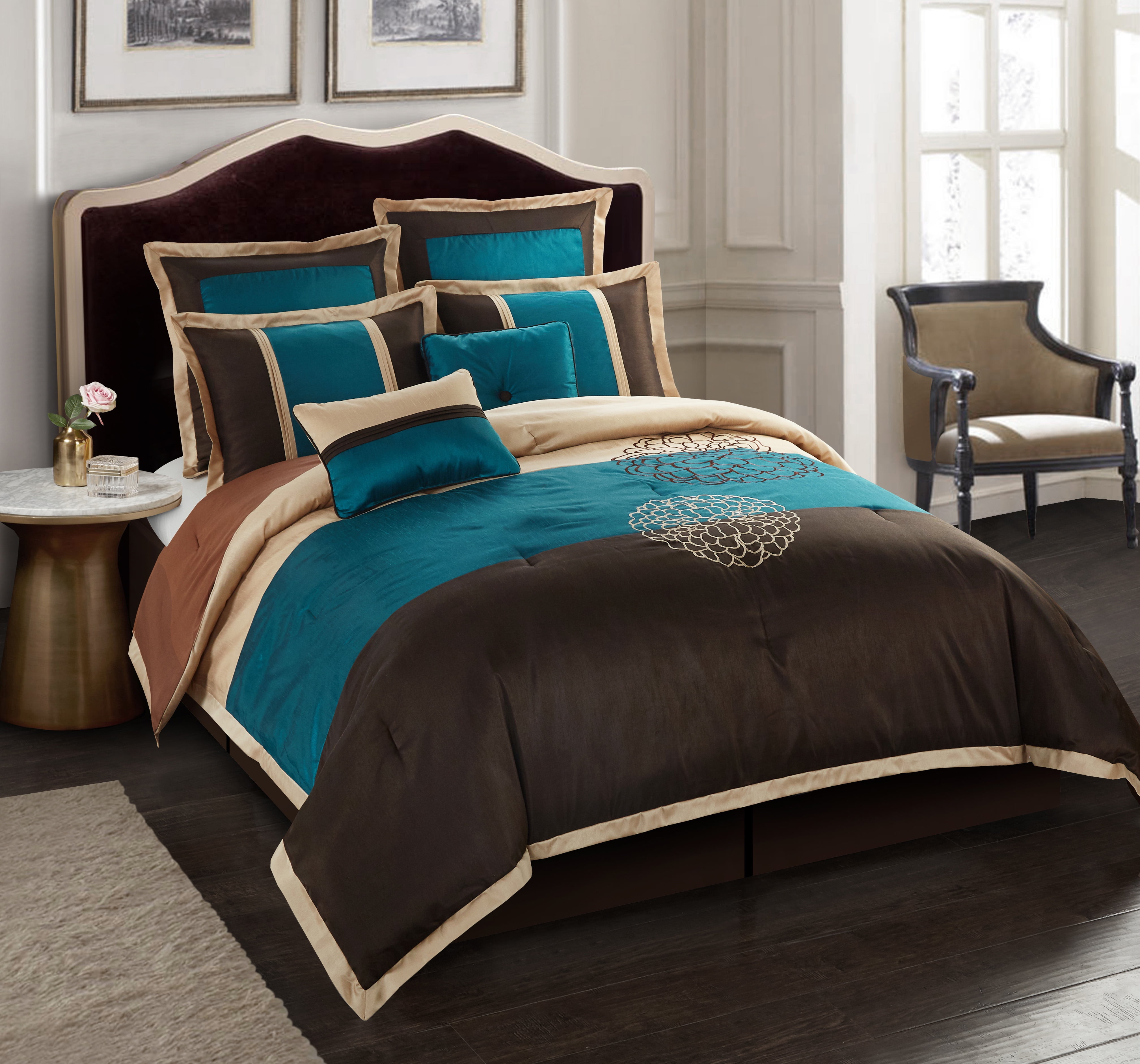 King Brown and Teal Microfiber 8-Piece Comforter Set