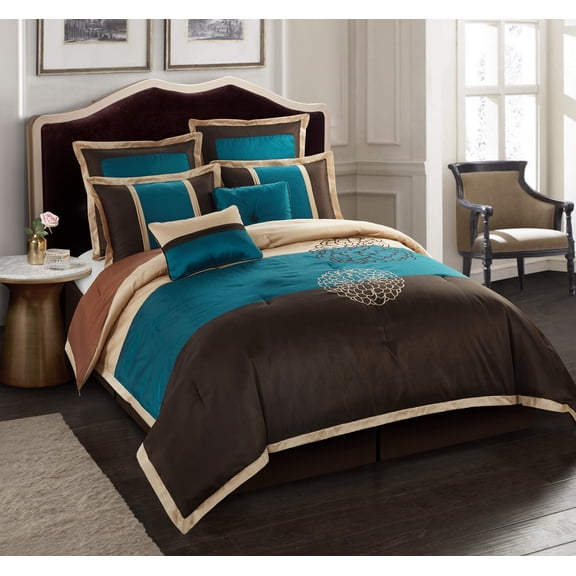 Nanshing Phoebe 8 Piece Floral Embroidery Comforter Set, Brown/Blue, King
