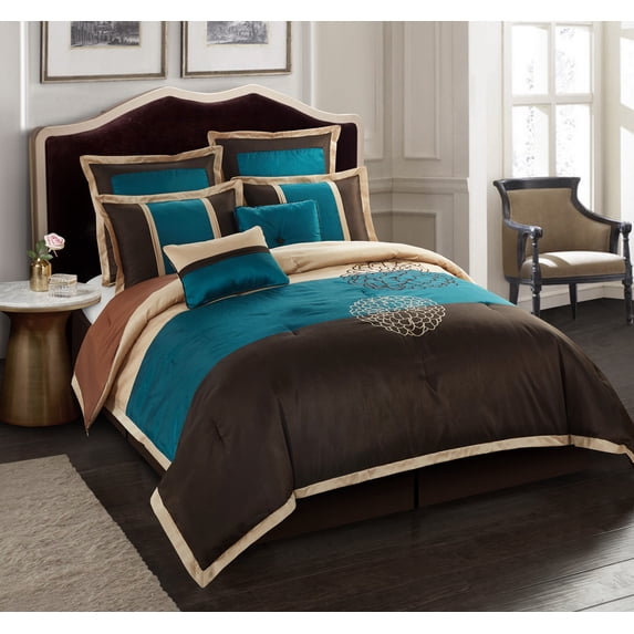 Nanshing Phoebe 8 Piece Floral Embroidery Comforter Set, Brown/Blue, King