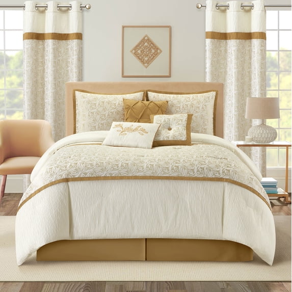 Nanshing Pillar 9 Piece Leaves Jacquard Comforter Set, Gold, California King