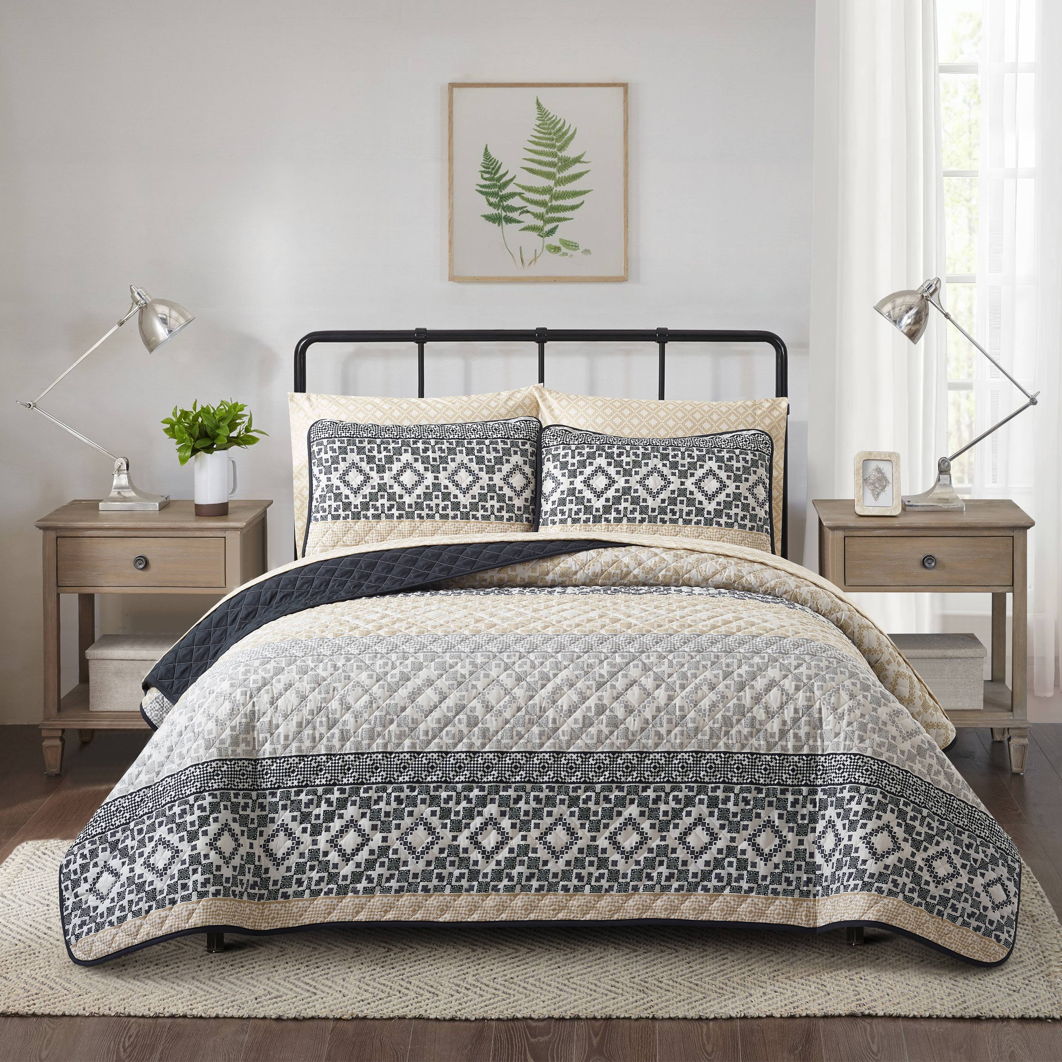 King Size Black and Taupe Geometric Polyester Quilt Set