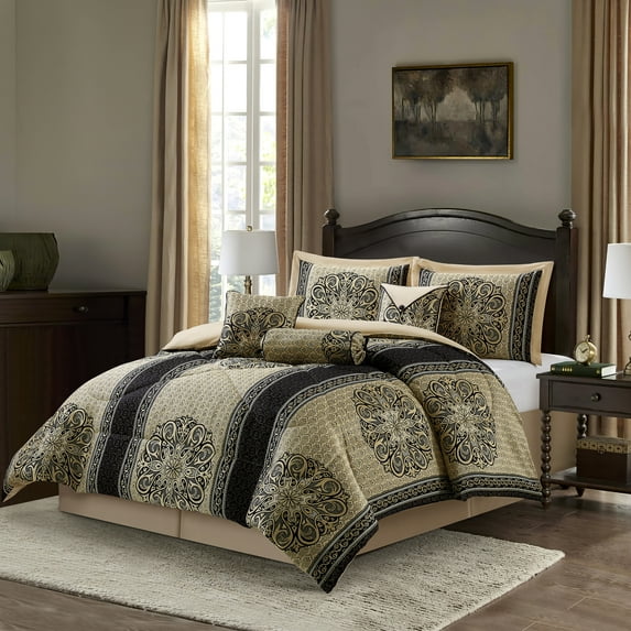 Nanshing Prince 7 Piece Elegant Medallion Comforter Set, Black Gold, California King