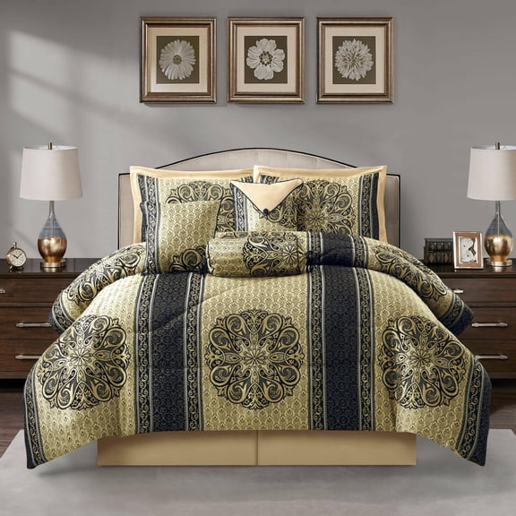Nanshing Prince 7 Piece Elegant Medallion Comforter Set, Navy Gold, King
