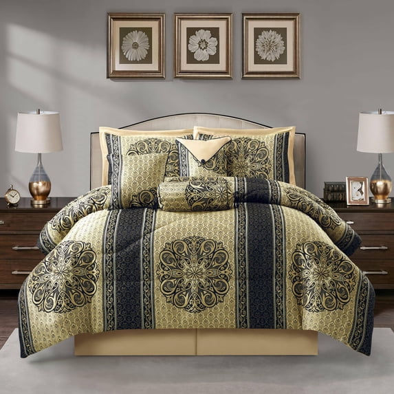 Nanshing Prince 7 Piece Elegant Medallion Comforter Set, Navy Gold, Queen