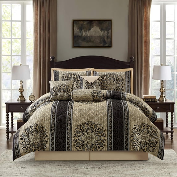 Nanshing Prince 9 Piece Elegant Medallion Comforter Set, Black Gold, King