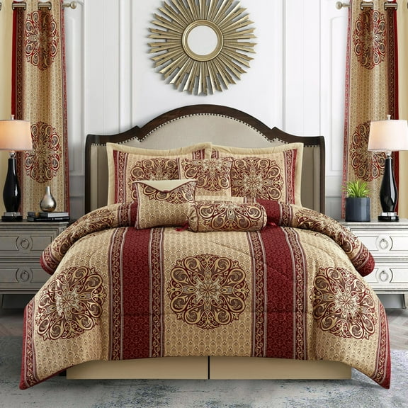 Nanshing Prince 9 Piece Elegant Medallion Comforter Set, Red Gold, Queen