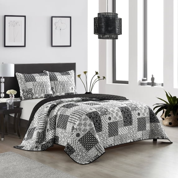 Nanshing Quinn 3 Piece Patchwork Black & White Quilt Set King
