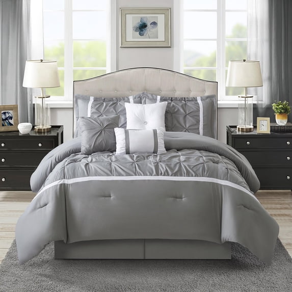 Nanshing Regala 7 Piece Minimalist Pinch Pleat Comforter Set, Grey, Queen