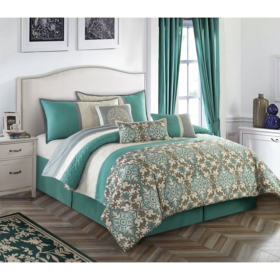 Nanshing Reina 7 Piece Traditional Damask Comforter Set, Teal, Queen