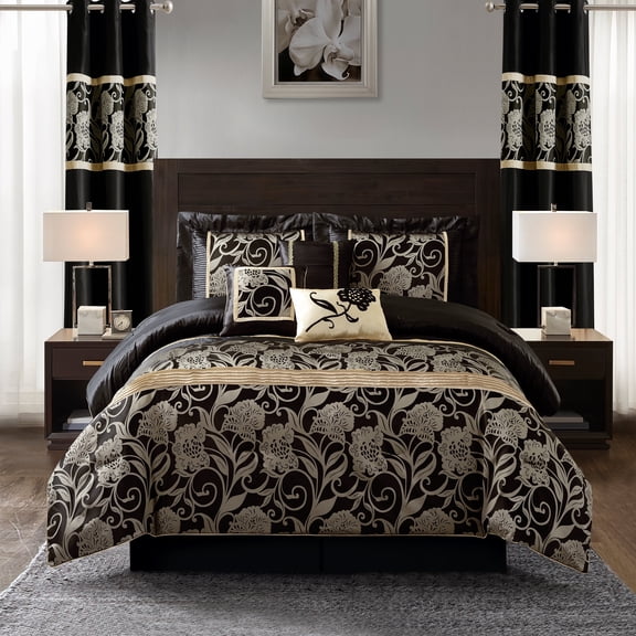 Nanshing Renee 9 Piece Traditional Floral Comforter Set, Black Gold, Queen
