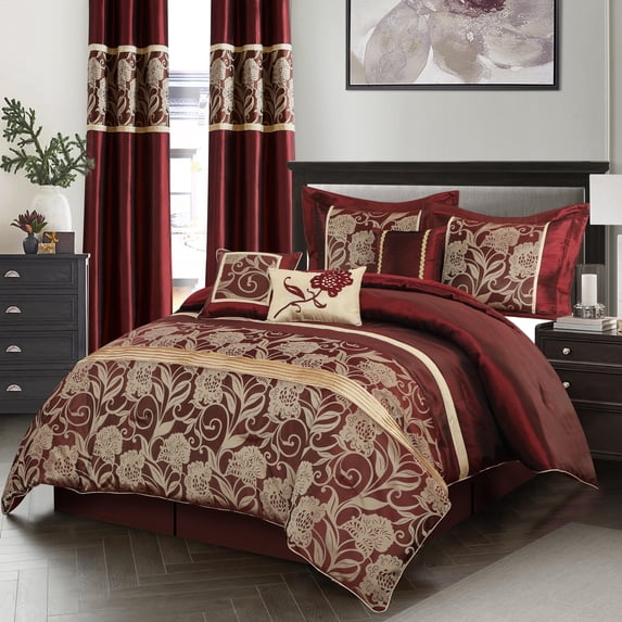 Nanshing Renee 9 Piece Traditional Floral Comforter Set, Red Gold, King