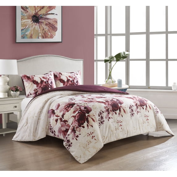 Nanshing Rose 3 Piece Reversible Microfiber Comforter Set, Purple, Queen