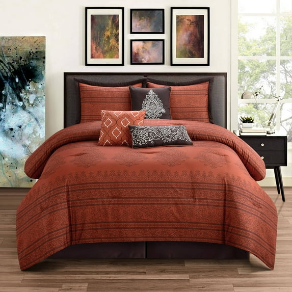 Nanshing Ryder 7 Piece Transitional Damask Comforter Set, Rust, California King