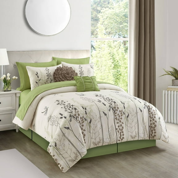 Nanshing Senna 10-Piece Botanical Comforter Set, Green/White, Queen