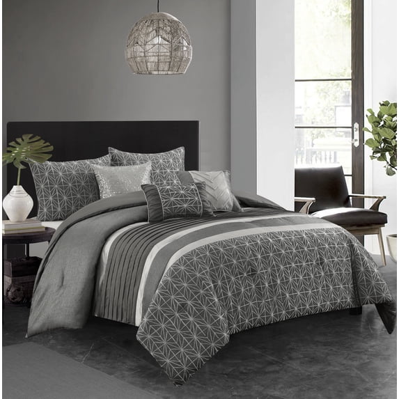 Nanshing Senna Microfiber 6-Piece Bedding Comforter Set with BONUS Pillows, King, Grey