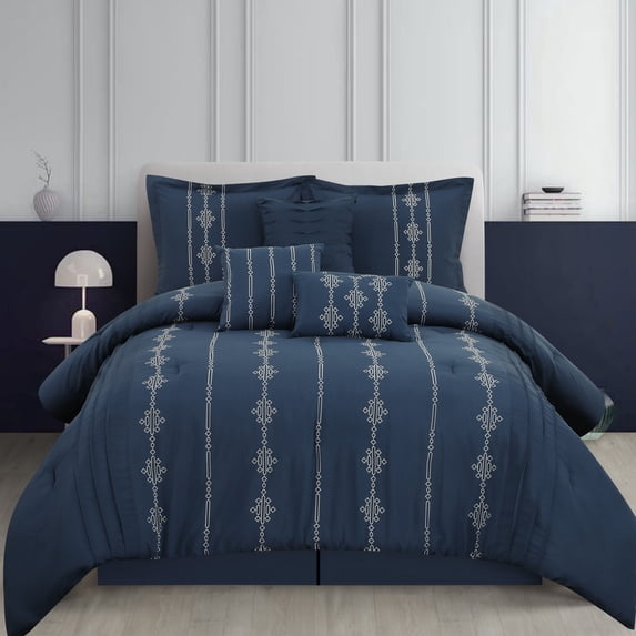 Nanshing Shay 7 Piece Geometric Embroidery Comforter Set, Navy/White, King