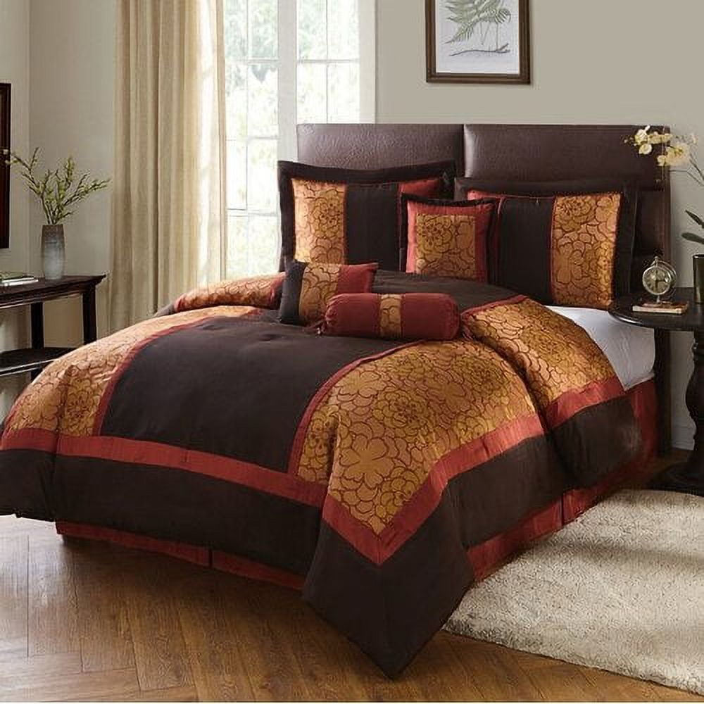 California King Brown and Red Microfiber Floral Comforter Set