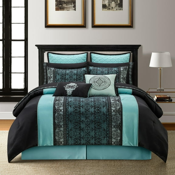 Nanshing Sierra 12 Piece Faux Silk Damask Comforter Set Aqua - King