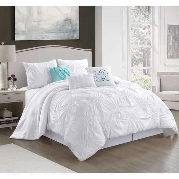 Nanshing Sophie 7-Piece Reversible Microfiber Comforter Set with Bonus Pillows, White, Cal King