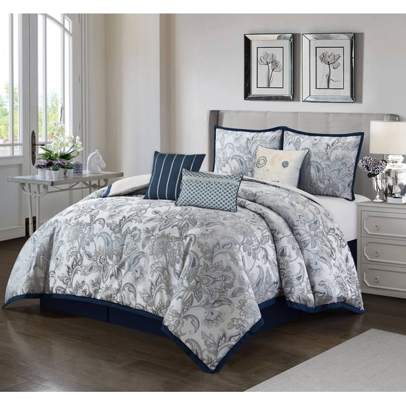 Nanshing Stassie 7 Piece Reversible Comforter Set, Navy, California King