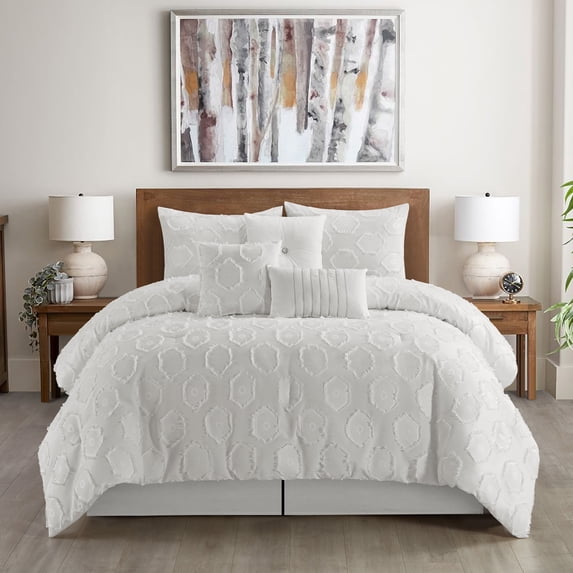 Nanshing Tammy 7 Piece Modern 3D Geometric Pattern Comforter Set, Queen, White