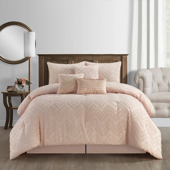 Nanshing Textured Geometric Pattern 7 Piece Cassy Comforter Set, Blush King