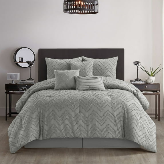 Nanshing Textured Geometric Pattern 7 Piece Cassy Comforter Set, Grey, King