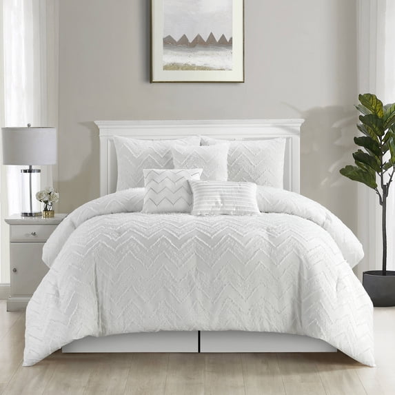 Nanshing Textured Geometric Pattern 7 Piece Cassy Comforter Set, White, California King