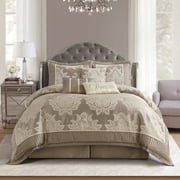 Nanshing Therese 7 Piece Damask Comforter Set, Beige, Queen , Jacquard with matching solid piecework