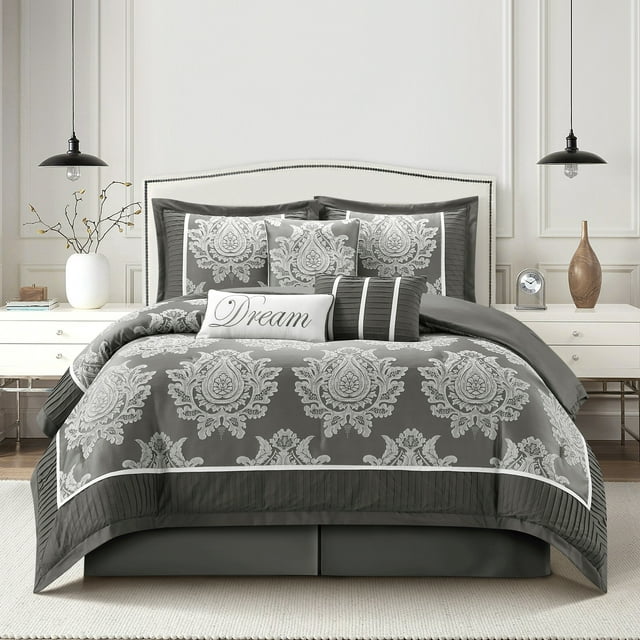 Nanshing Therese 7 Piece Damask Comforter Set , Grey , California King Size , Jacquard with matching solid piecework